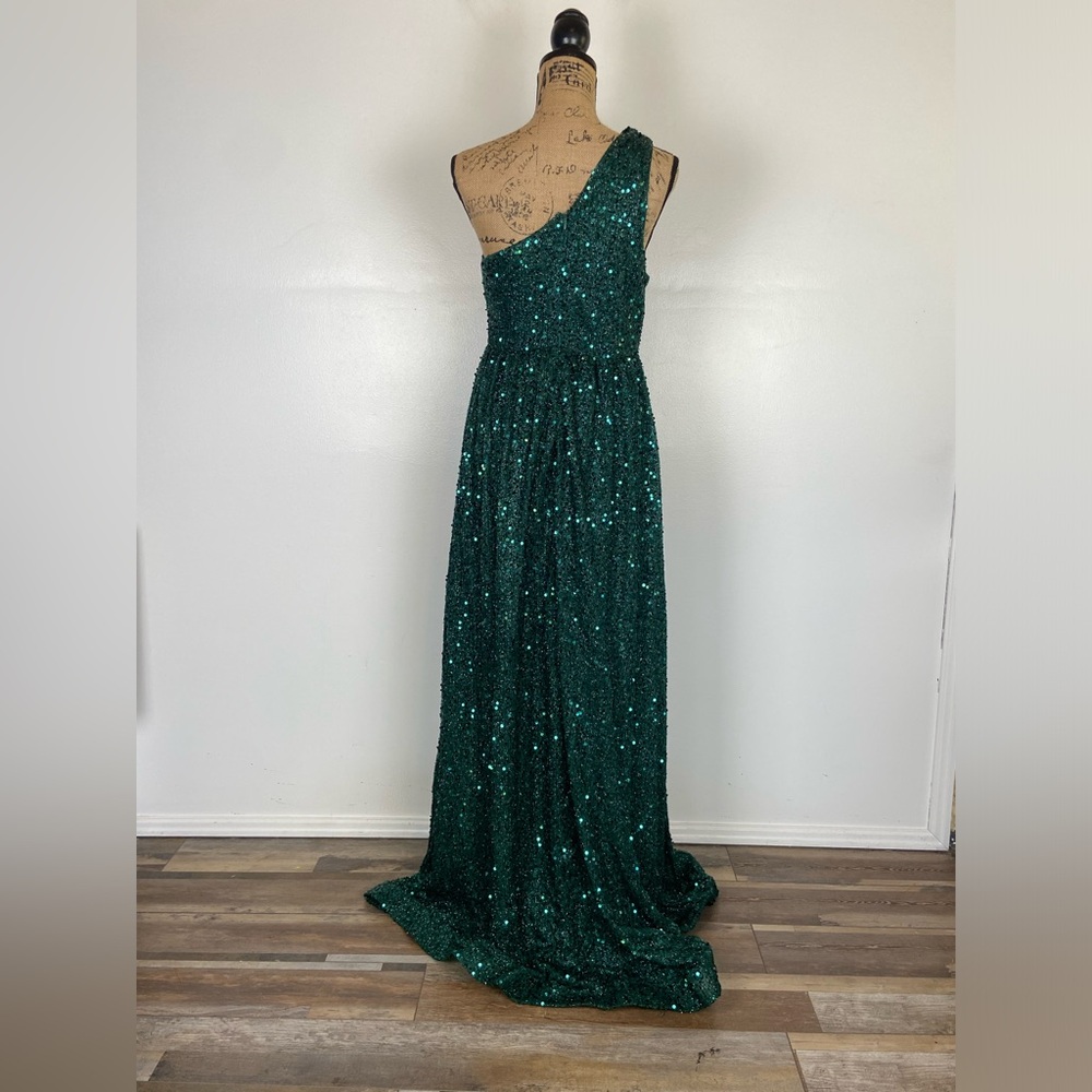Faeriesty Sequin Gown Dress Size L Green One Shoulder Prom Weeding Dress Pleated - Picture 8 of 14
